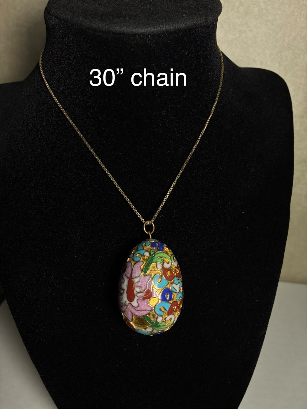 Vintage Cloisonne Egg Pendant w/ 30” 925 Italy Sterling 1mm Box Chain Necklace